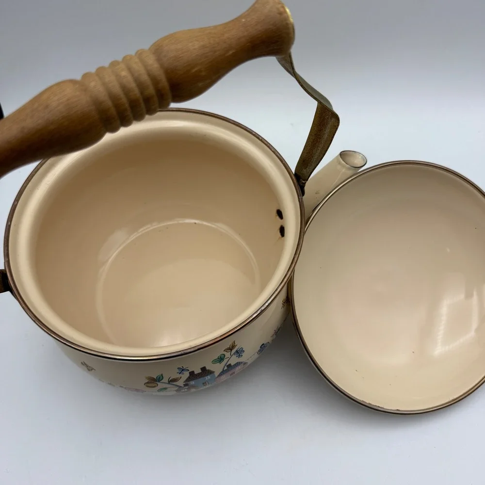 Vintage Tea Kettle Heartland Cottage Farmhouse Folk Art Village Wood Handle Pot